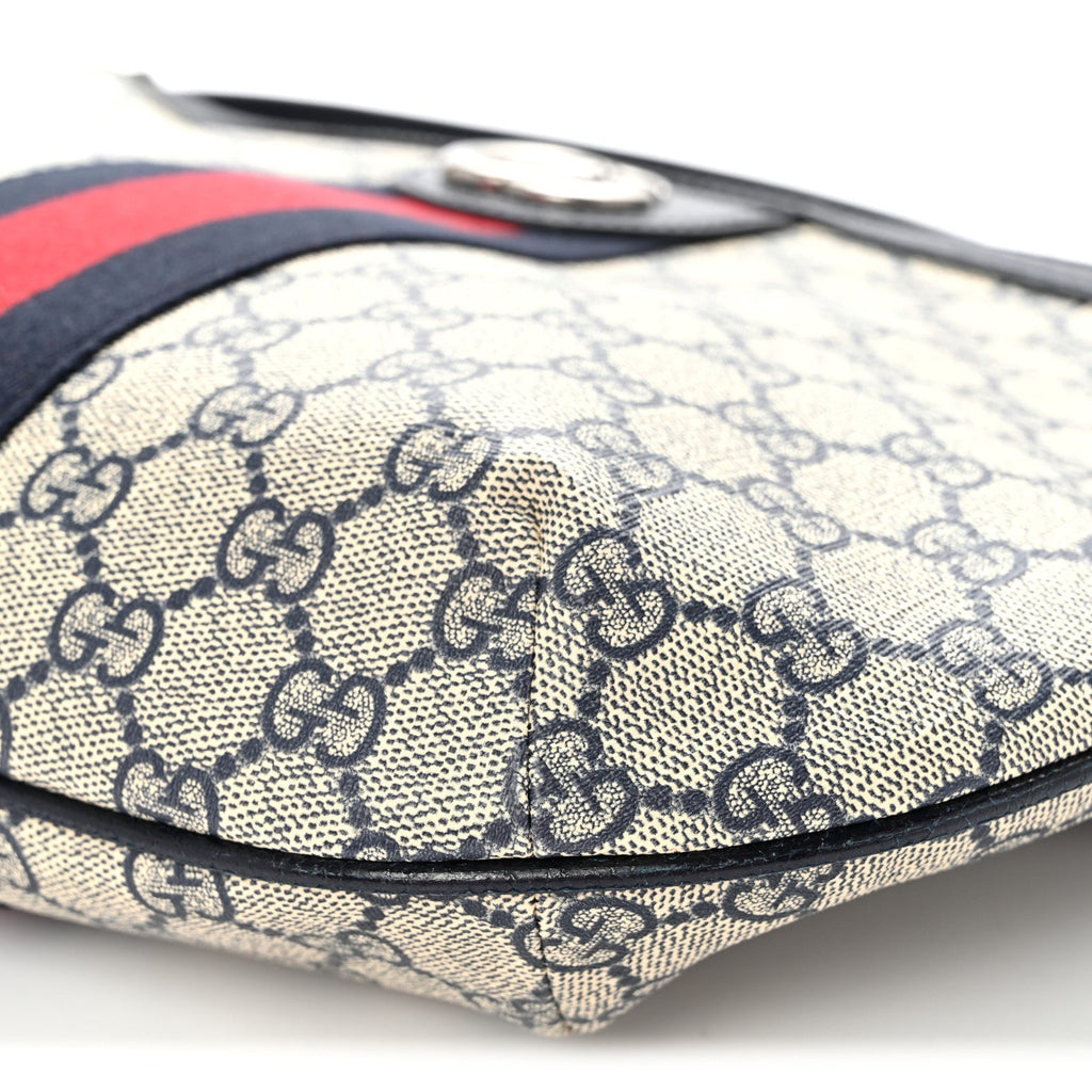 GG Supreme Monogram Textured Dollar Calfskin Web Small Ophidia Half Moon Hobo Beige Blue