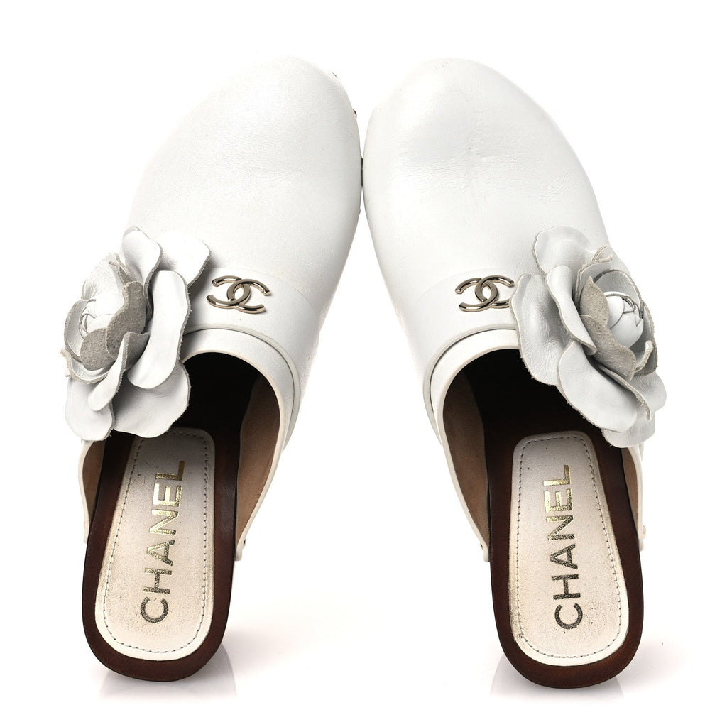 Calfskin Camellia Clogs 35 White