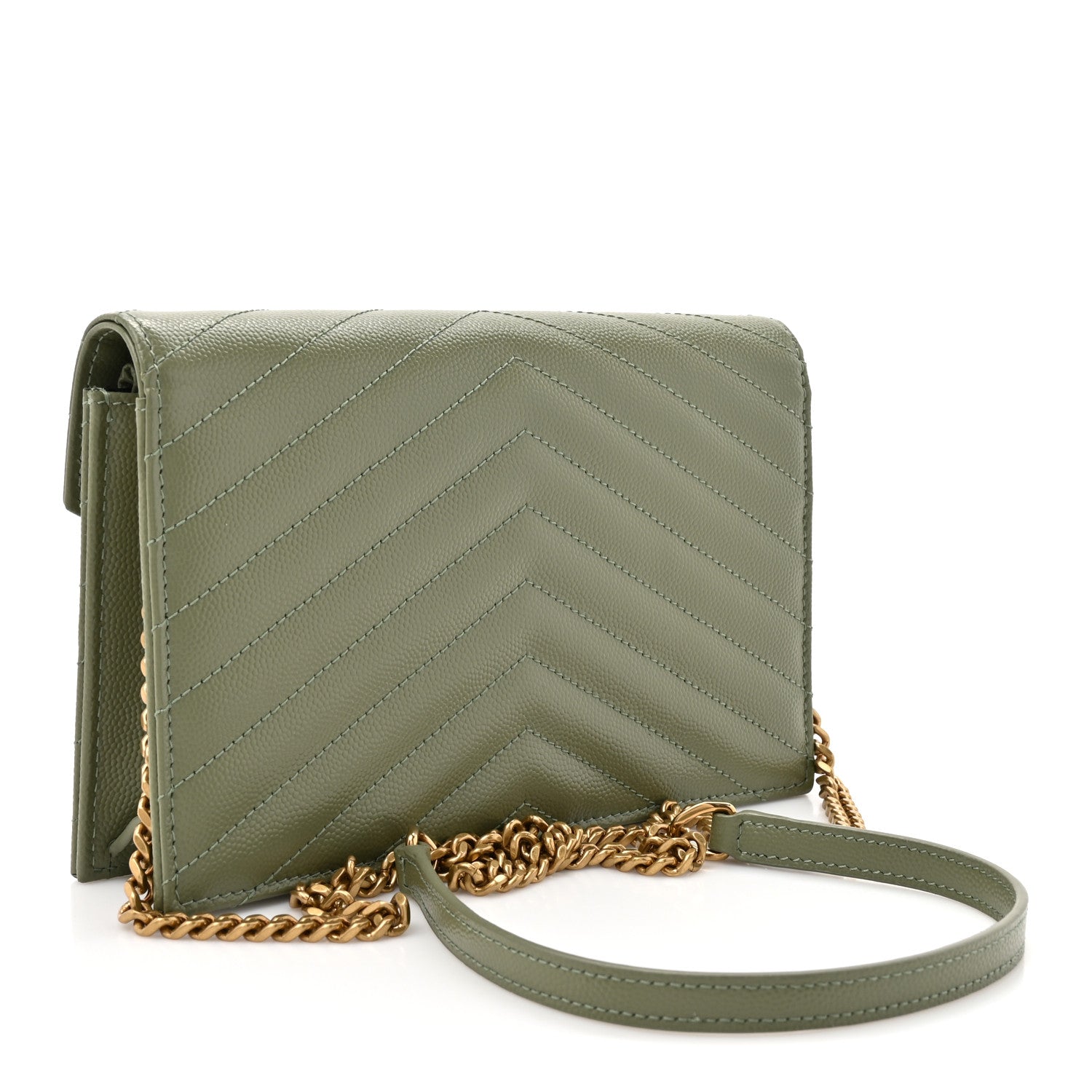 Grain De Poudre Matelasse Chevron Monogram Envelope Chain Wallet Light Sage