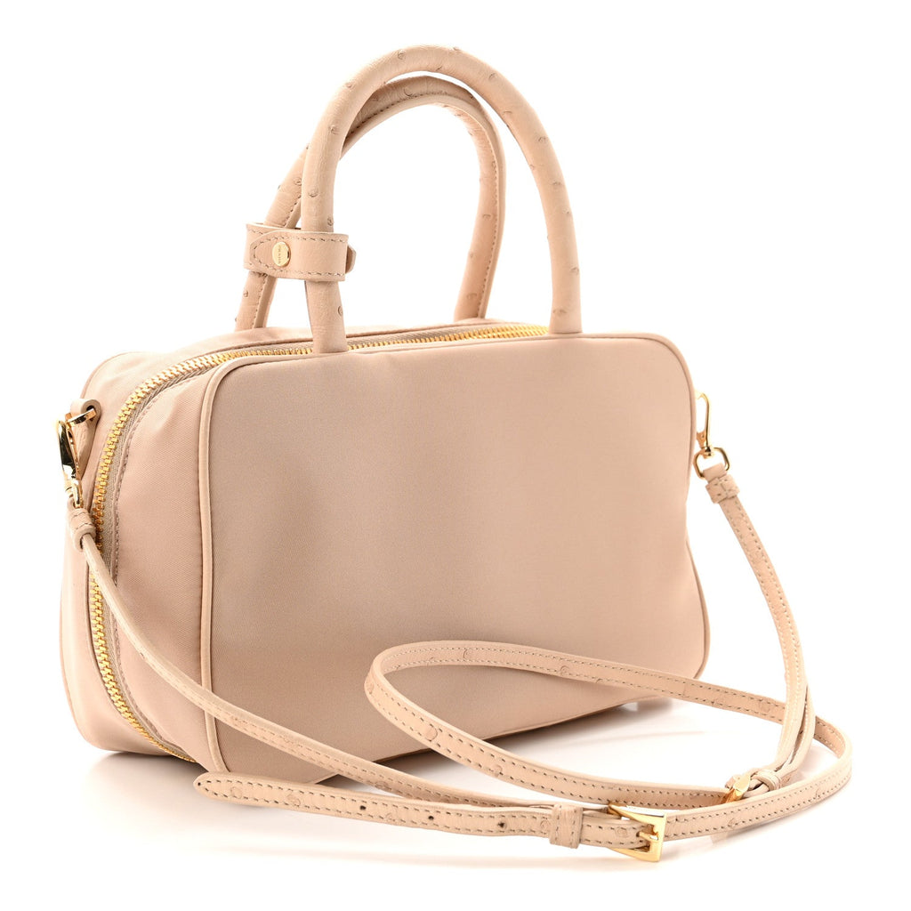 Re-Nylon Ostrich Bauletto Bag Cammeo