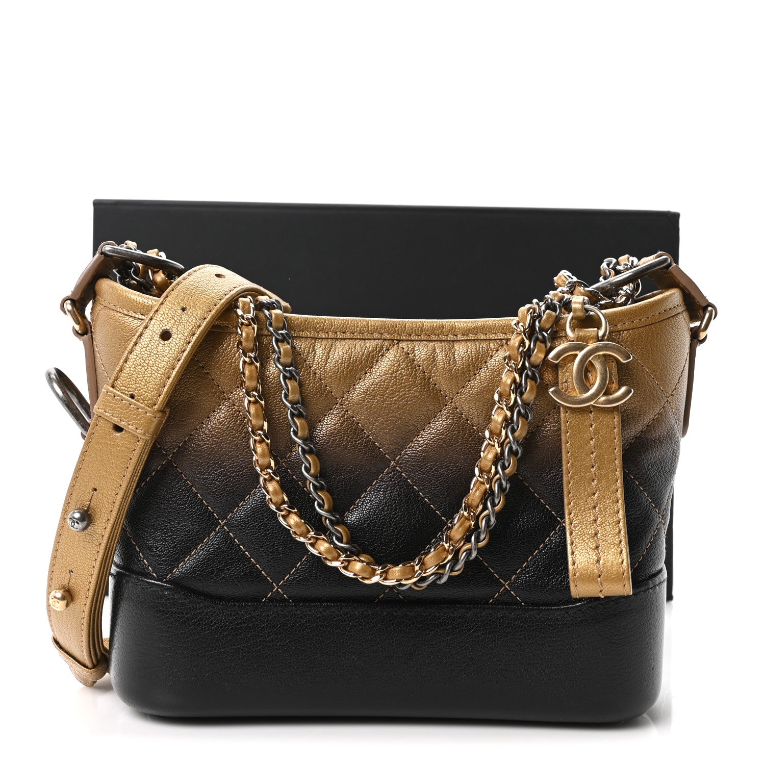 Metallic Goatskin Quilted Small Gabrielle Hobo Gold Black