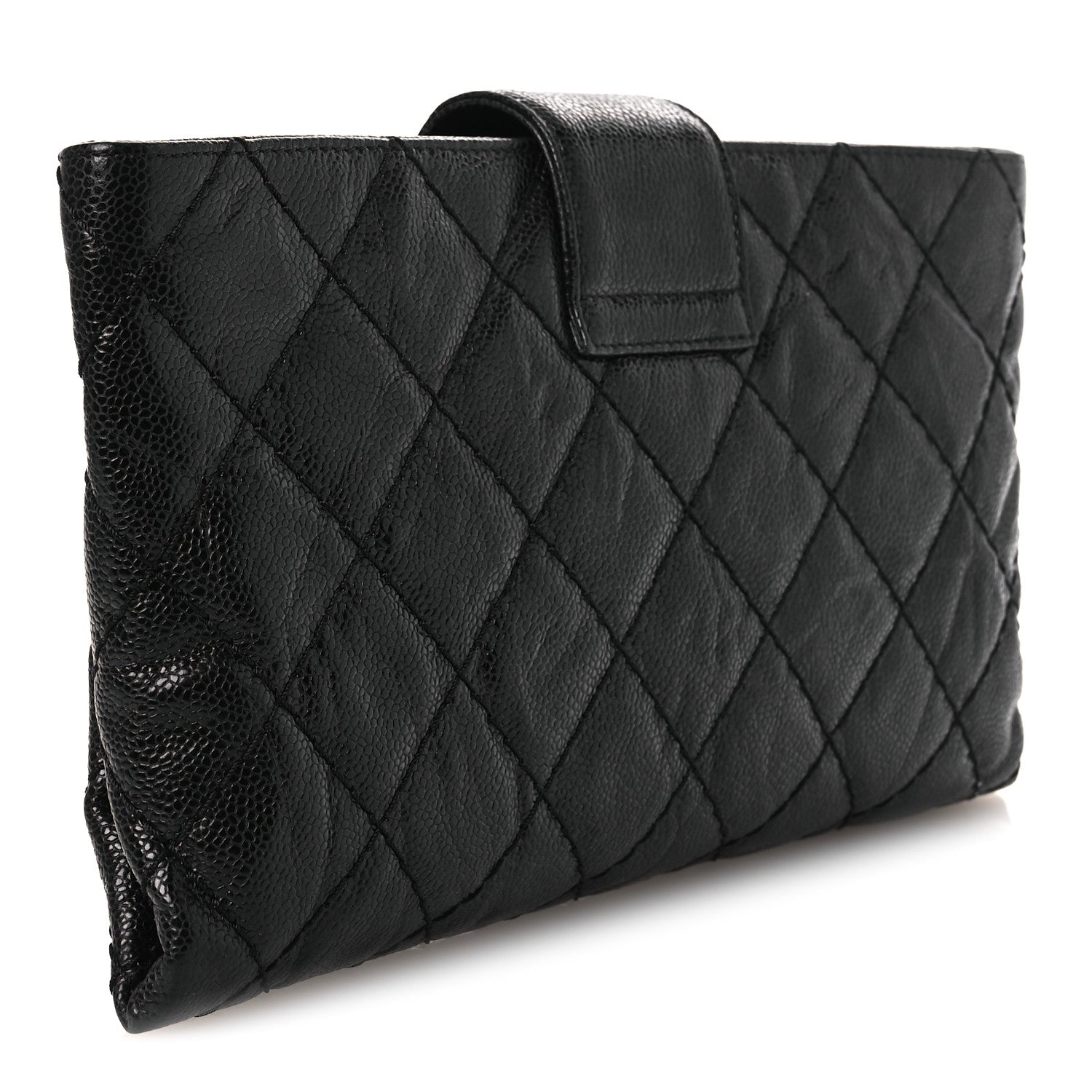 Crumpled Grained Calfskin Quilted Coco Pleats Clutch Black