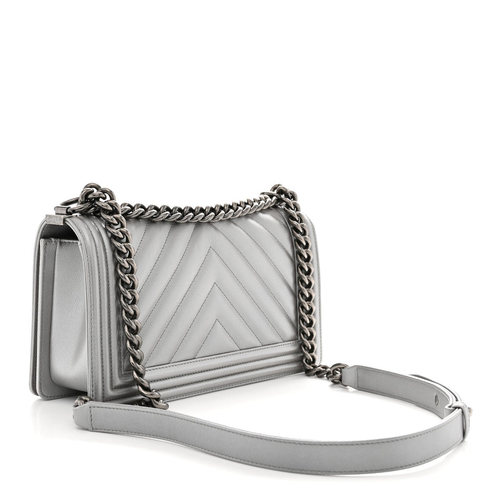 Metallic Caviar Chevron Quilted Medium Boy Flap Silver