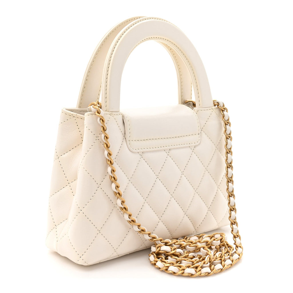 Shiny Aged Calfskin Quilted Nano Kelly Shopper White