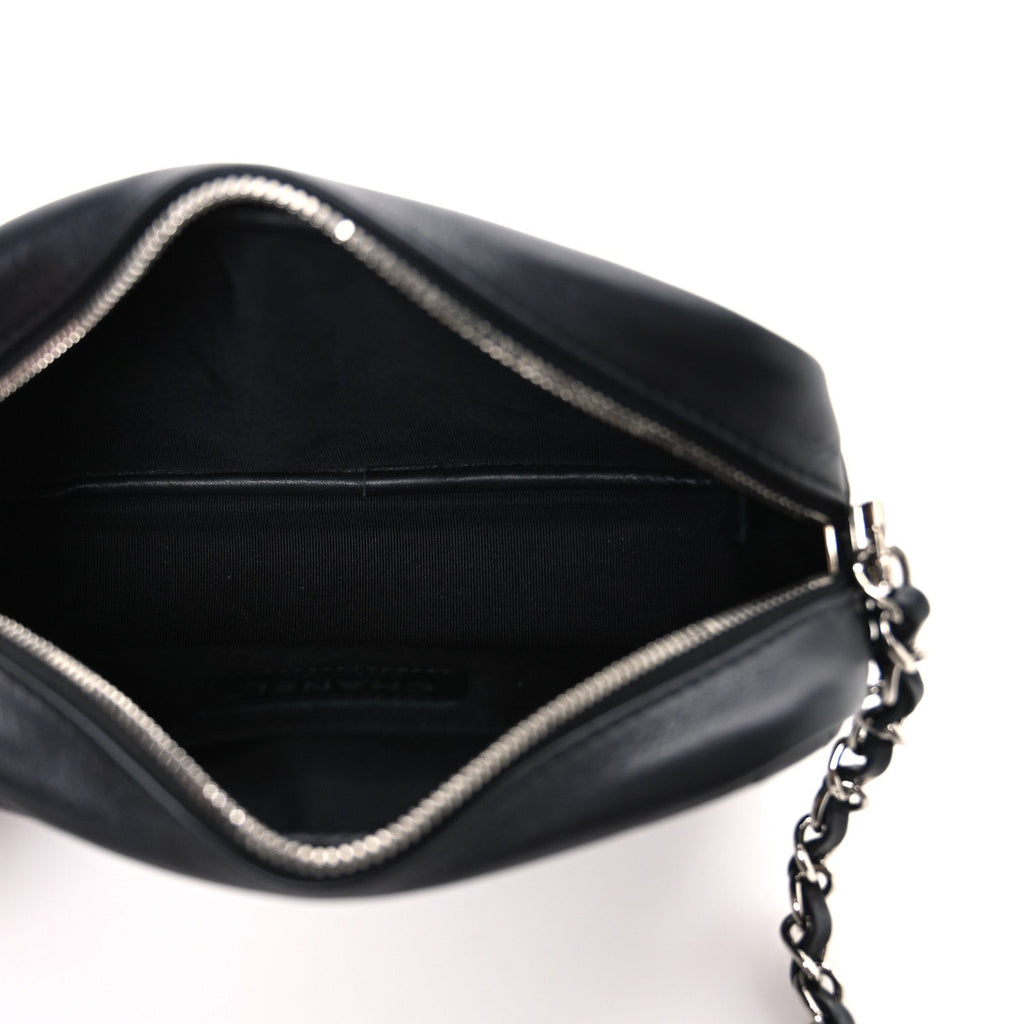 Calfskin Diagonal Chevron Quilted Tassel Camera Case Black