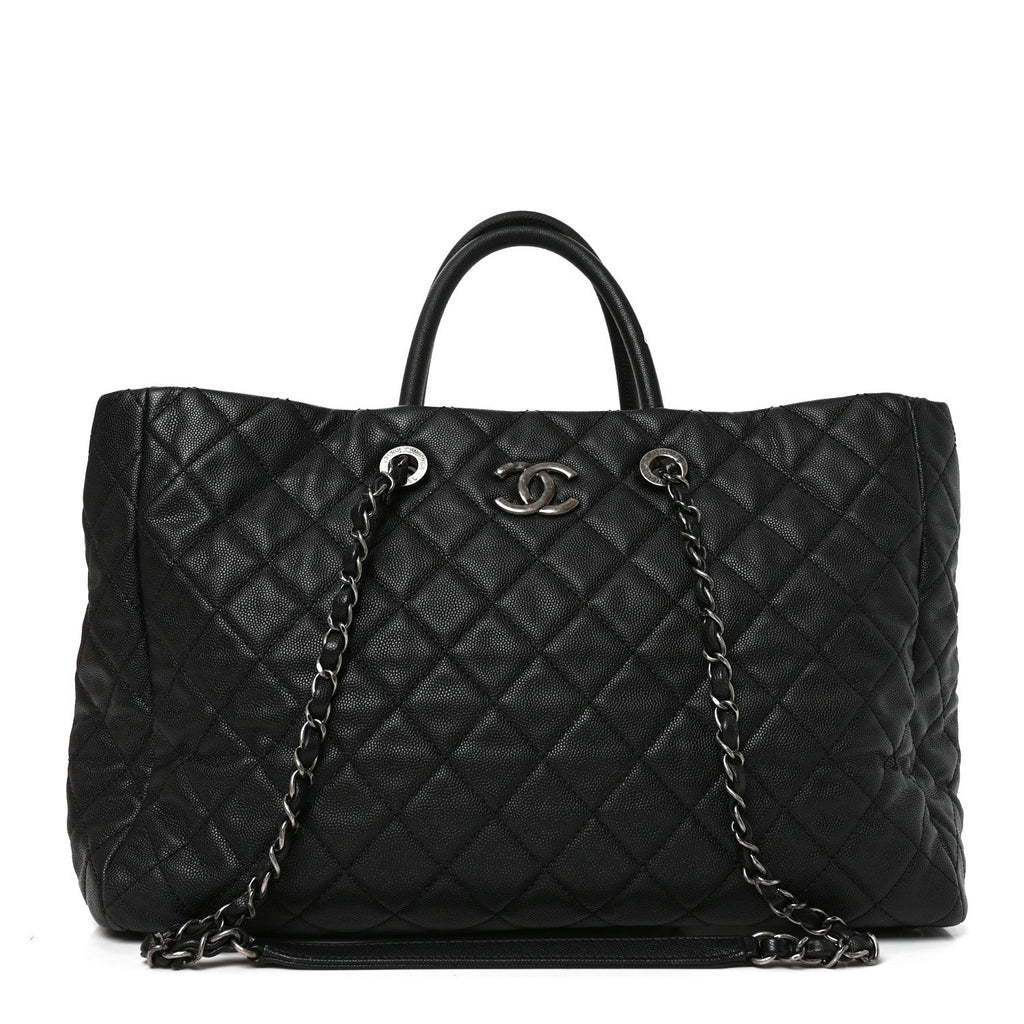Caviar Quilted Large Coco Handle Shopping Tote Black