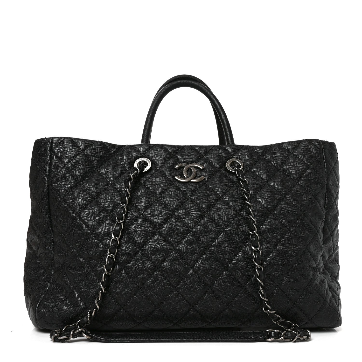 Caviar Quilted Large Coco Handle Shopping Tote Black