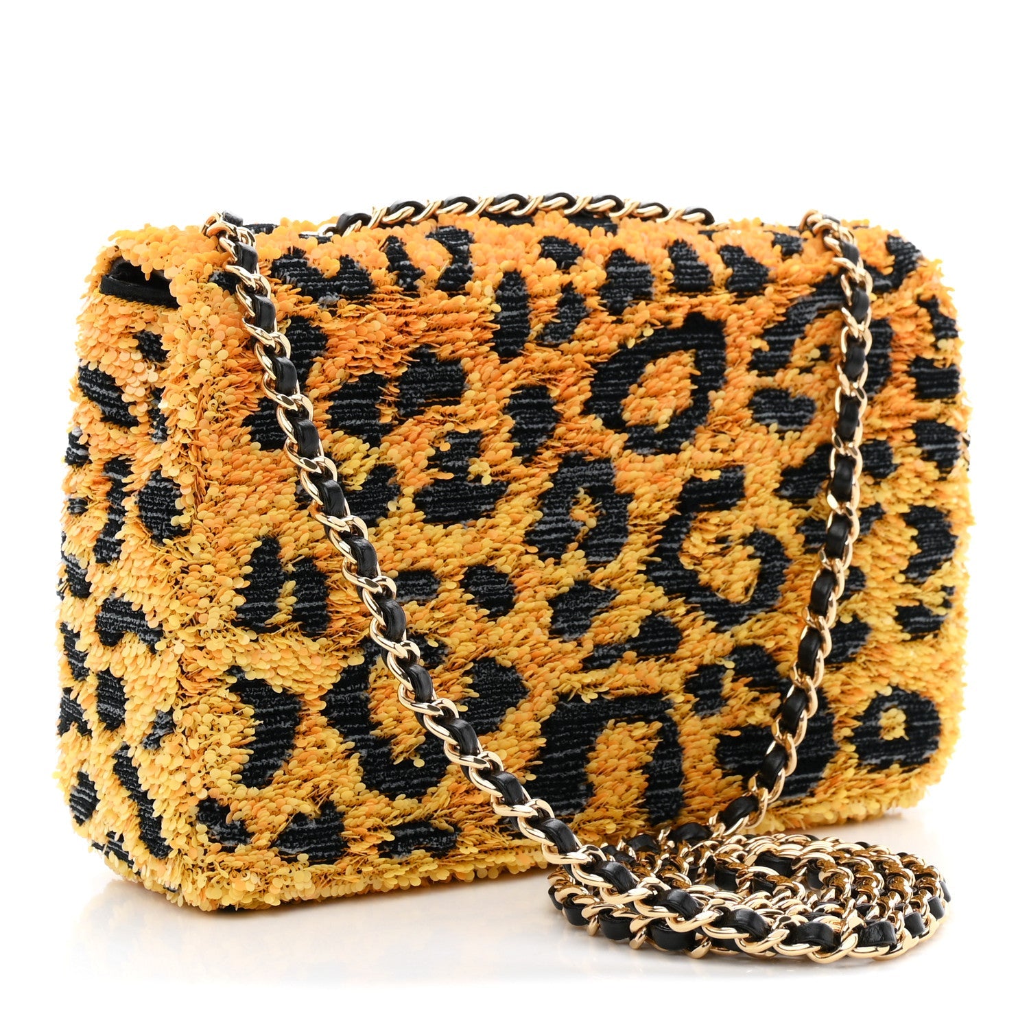 Sequin Mixed Fibers Leopard Print Mini Rectangular Flap Black Orange