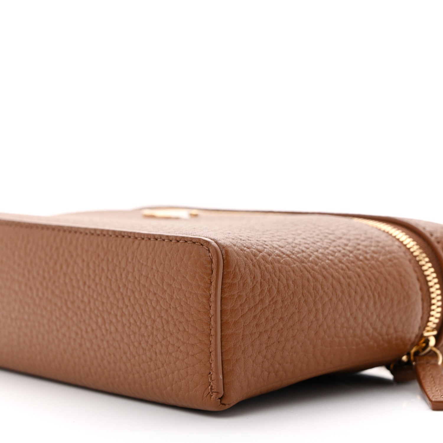 Grained Calfskin Top Handle Slim Vanity Case With Chain Camel Camel