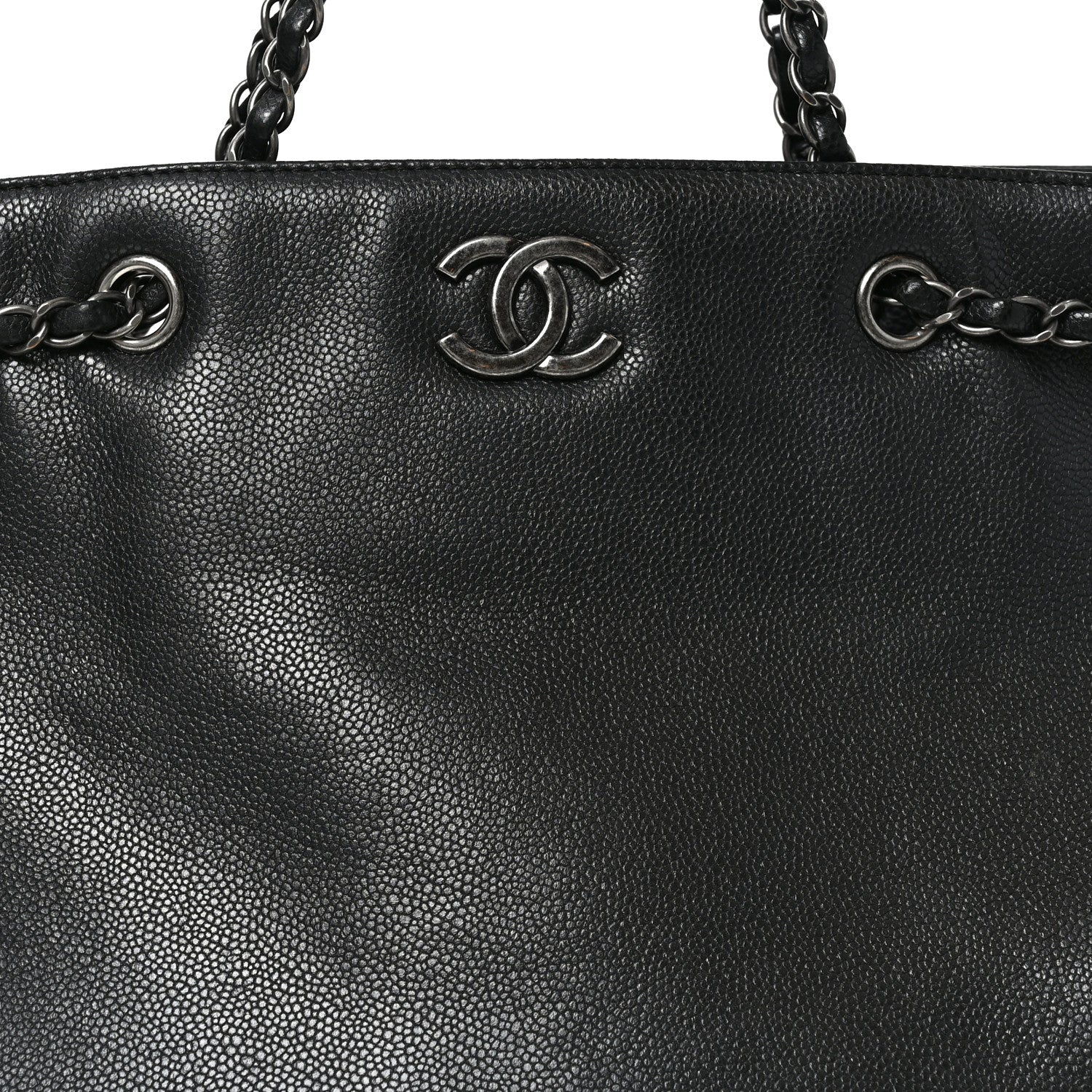 Metallic Grained Calfskin Woven Chain Large Shopping Bag Black