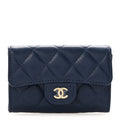 Caviar Quilted Flap Card Holder Wallet Navy Blue