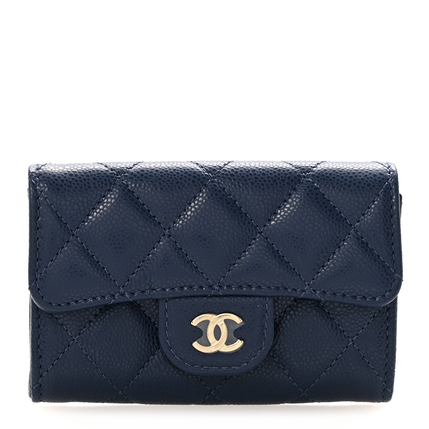Caviar Quilted Flap Card Holder Wallet Navy Blue