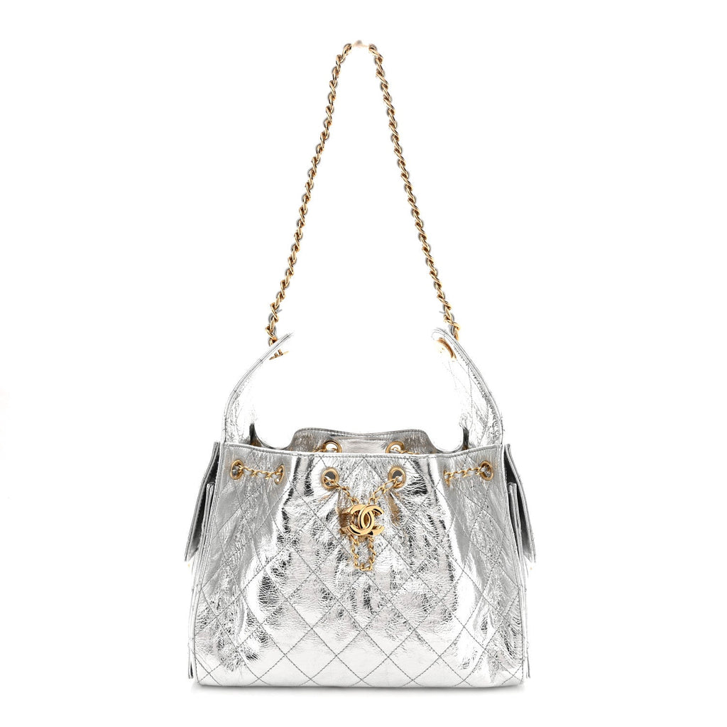Metallic Crumpled Calfskin Quilted Small Chanel 25 Handbag Silvery