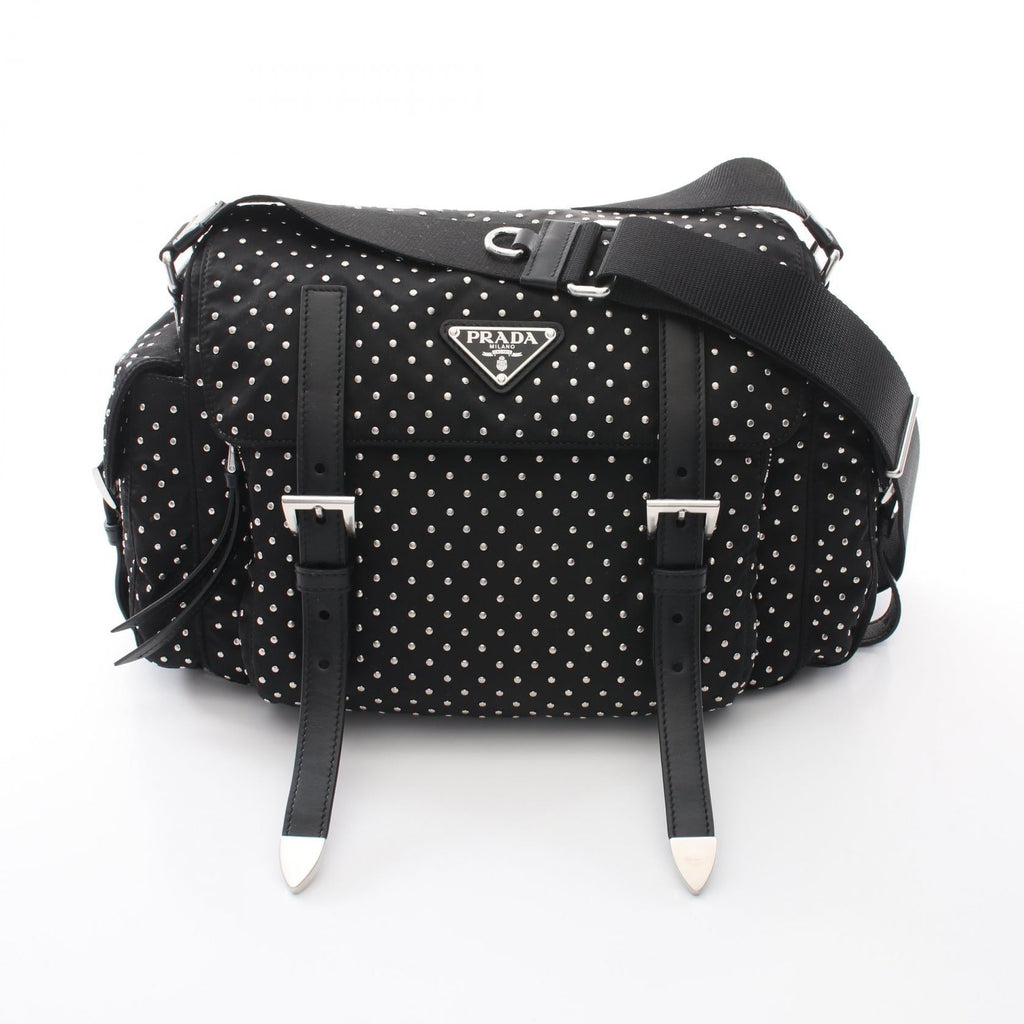 Prada Studs Nylon Leather Shoulder Bag