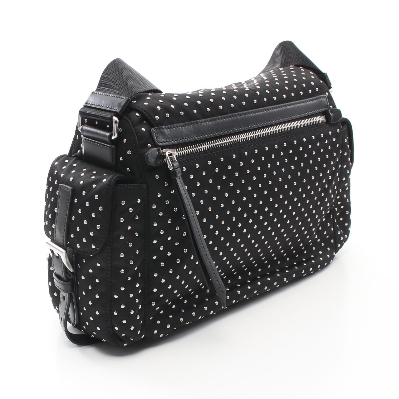 Prada Studs Nylon Leather Shoulder Bag