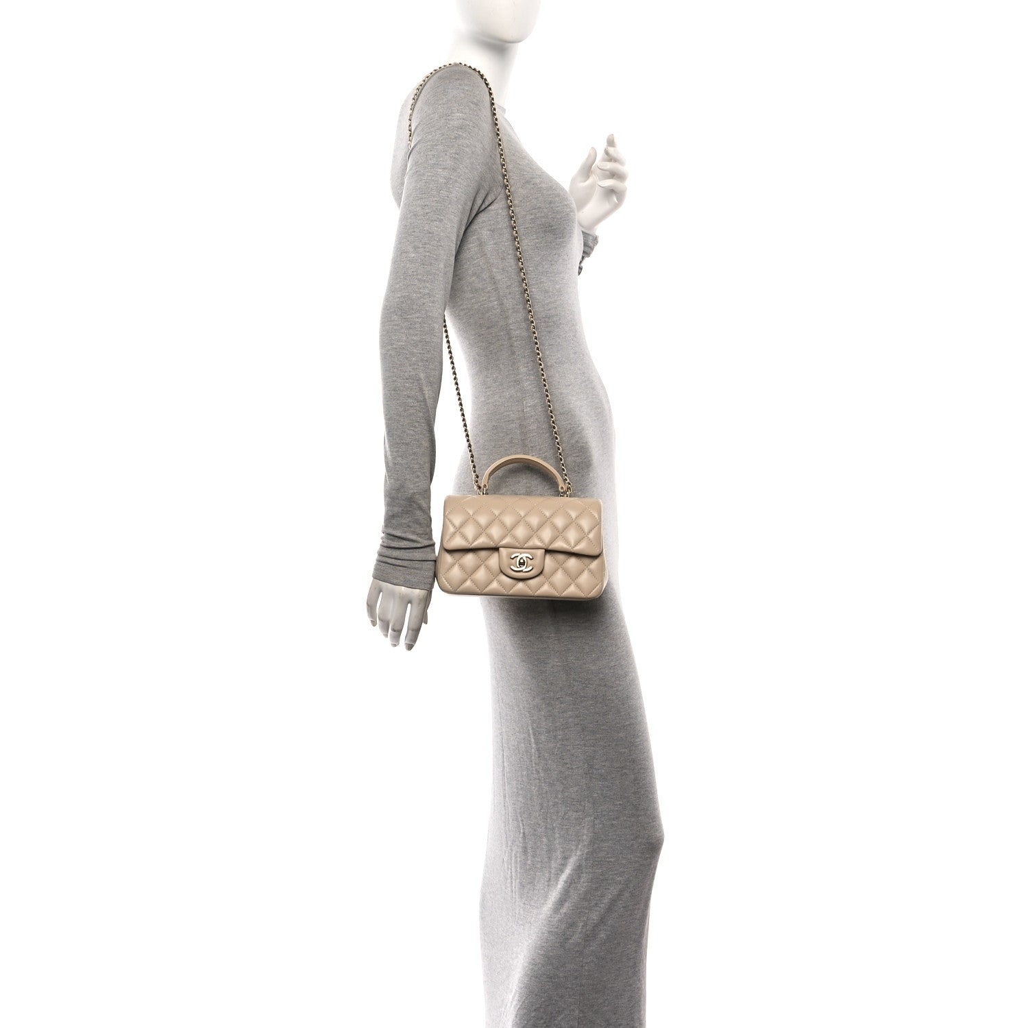 Lambskin Quilted Mini Top Handle Rectangular Flap Beige