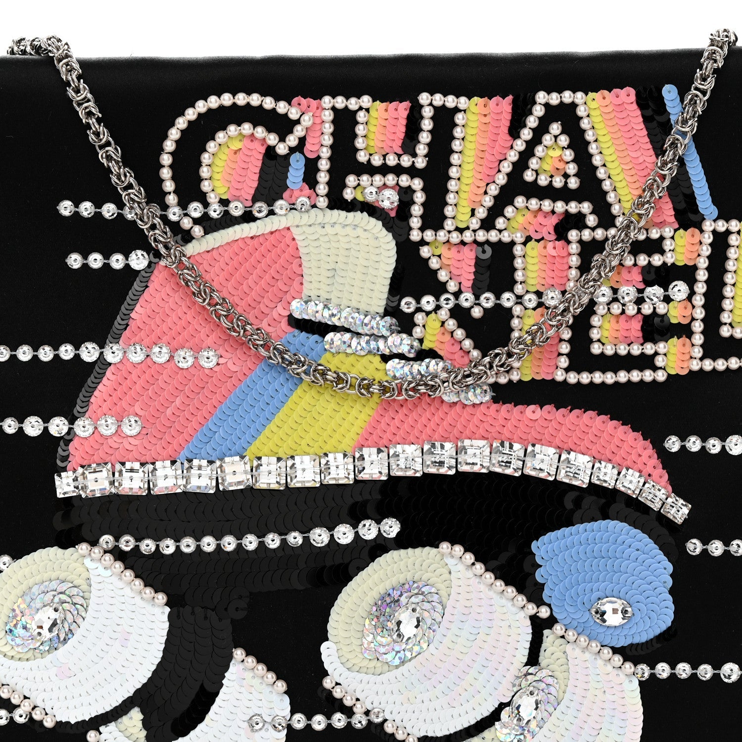 Satin Sequin Pearl Crystal Roller Skate Quilted Clutch With Chain Black Multicolor