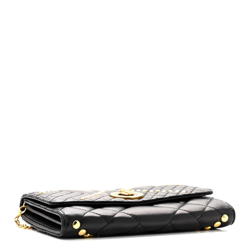 Lambskin Studded Quilted Medusa Wallet on Chain Crossbody Black Gold