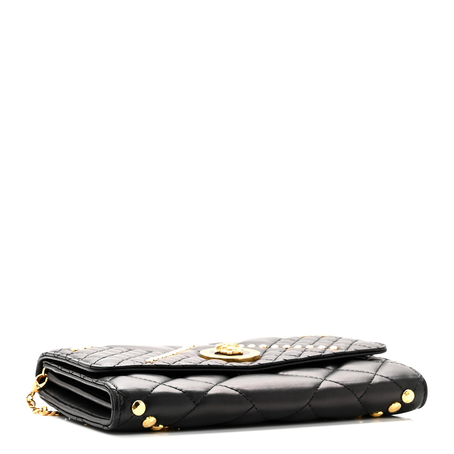 Lambskin Studded Quilted Medusa Wallet on Chain Crossbody Black Gold