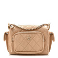 Shiny Crumpled Lambskin Quilted Small Preppy Pocket Camera Case Beige