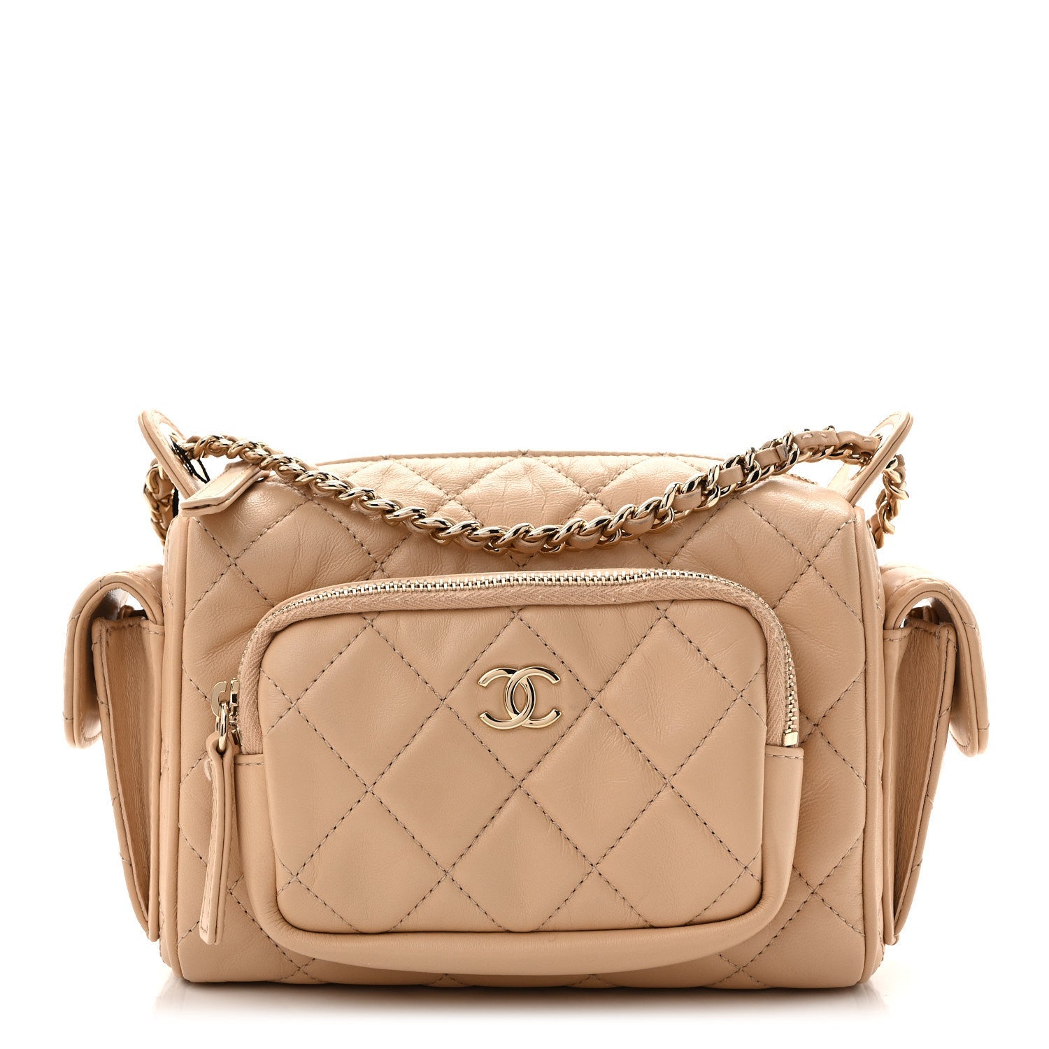 Shiny Crumpled Lambskin Quilted Small Preppy Pocket Camera Case Beige