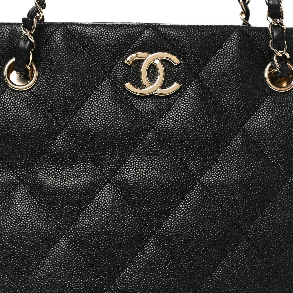 Caviar Quilted Small Shopping Tote Black