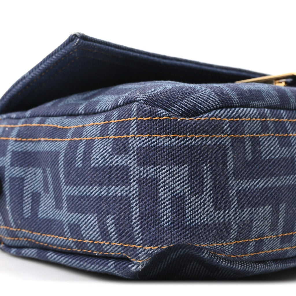 Denim FF Embroidered Reversible Baguette Blue