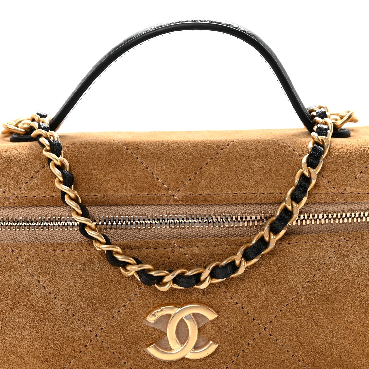 Suede Calfskin Shiny Lambskin Quilted Top Handle Slim Vanity Case With Chain Beige Black