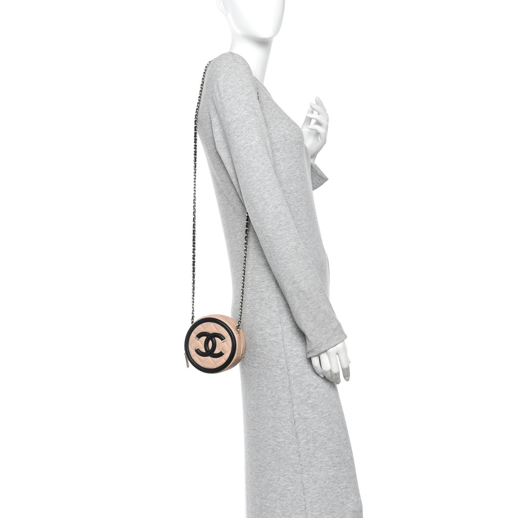 Caviar Quilted Round Filigree Crossbody Beige Black