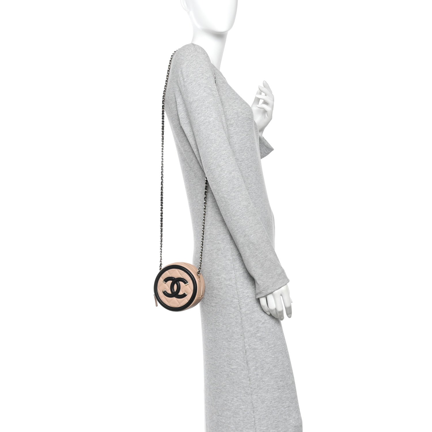 Caviar Quilted Round Filigree Crossbody Beige Black