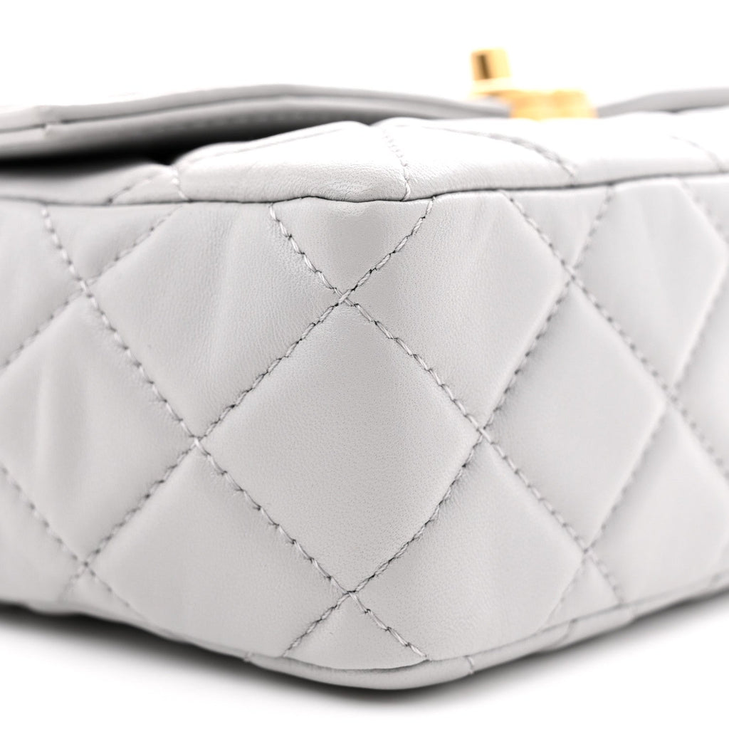 Shiny Lambskin Quilted Mini Flap Grey