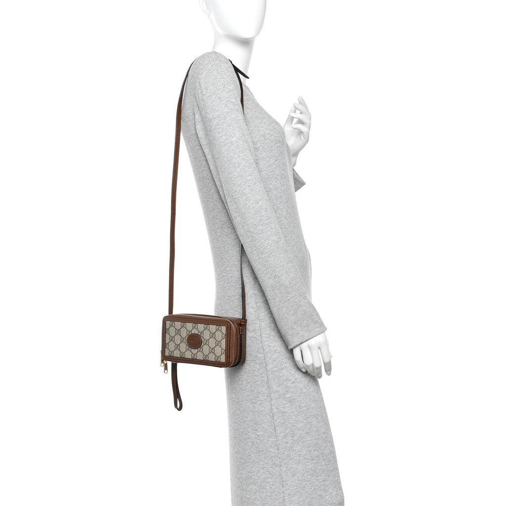 GG Supreme Monogram Azalea Calfskin Mini Retro Interlocking G Mini Shoulder Bag Beige Ebony Brown Sugar