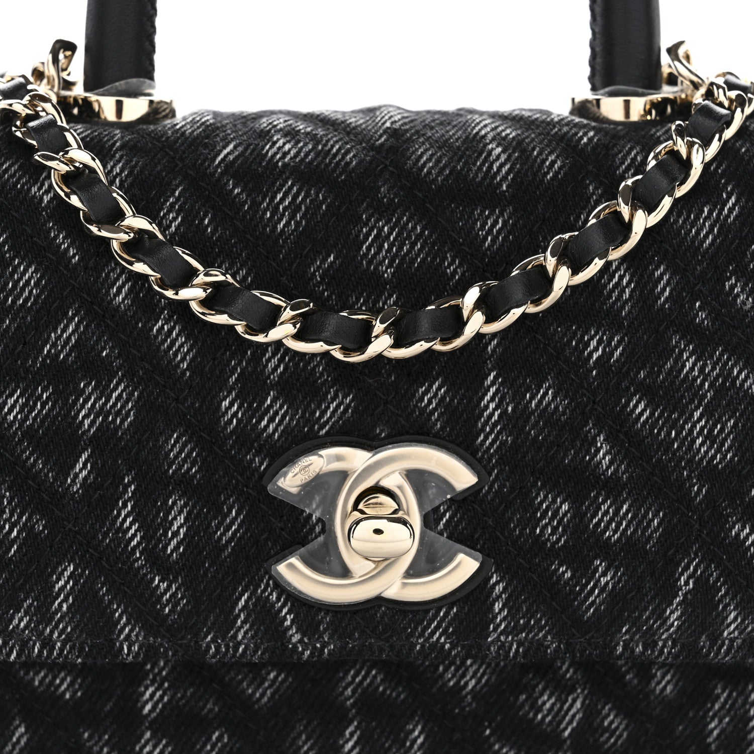 Washed Denim Quilted Coco Handle Clutch With Chain Black