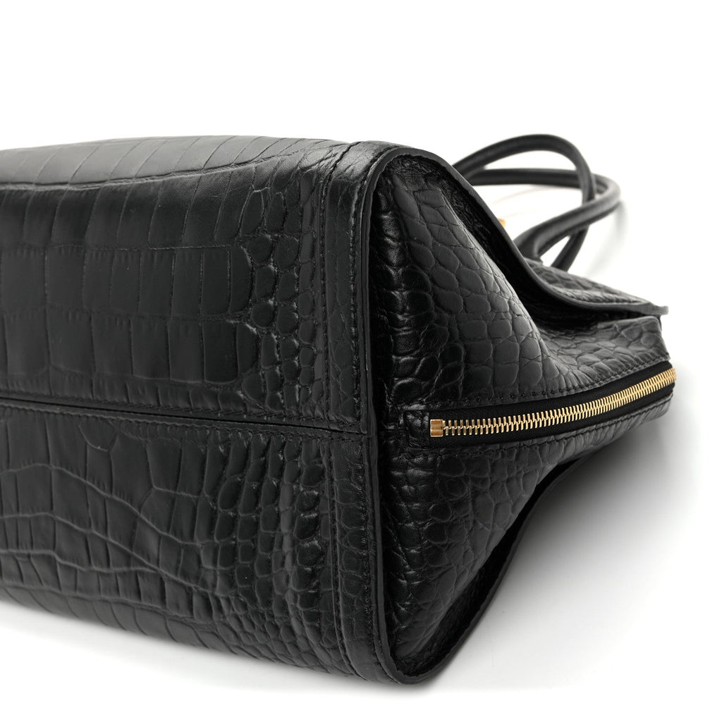 Calfskin Crocodile Embossed Large Skull Padlock Zip Around Tote Black