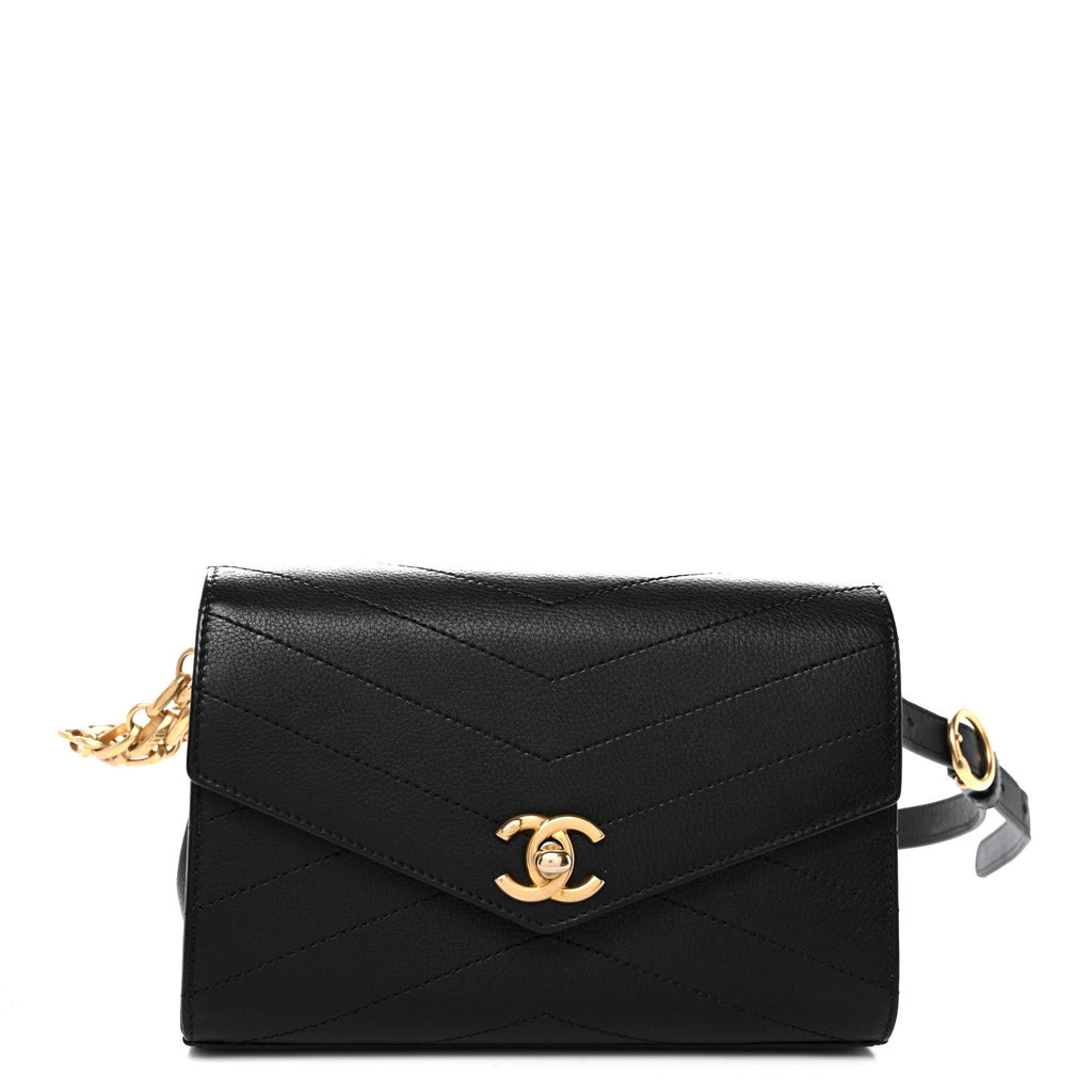 Calfskin Chevron Stitched Coco Waist Bag Black