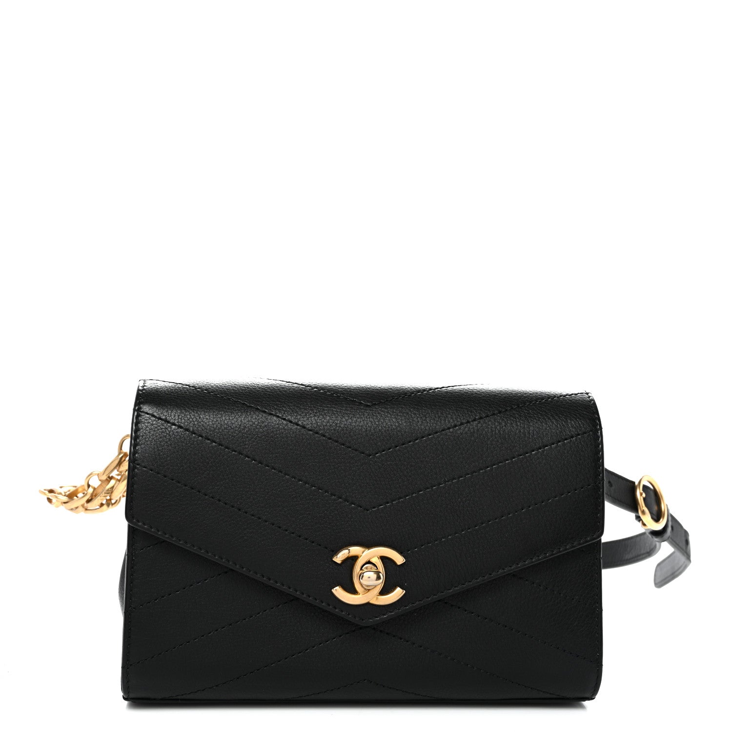 Calfskin Chevron Stitched Coco Waist Bag Black