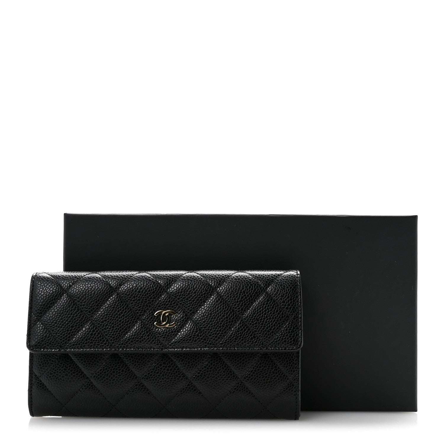 Caviar Quilted Large Gusset Flap Wallet Black