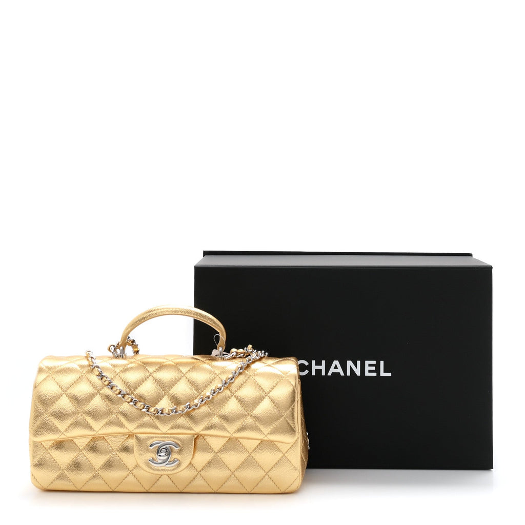 Metallic Caviar Quilted Top Handle East West Flap Gold Gold