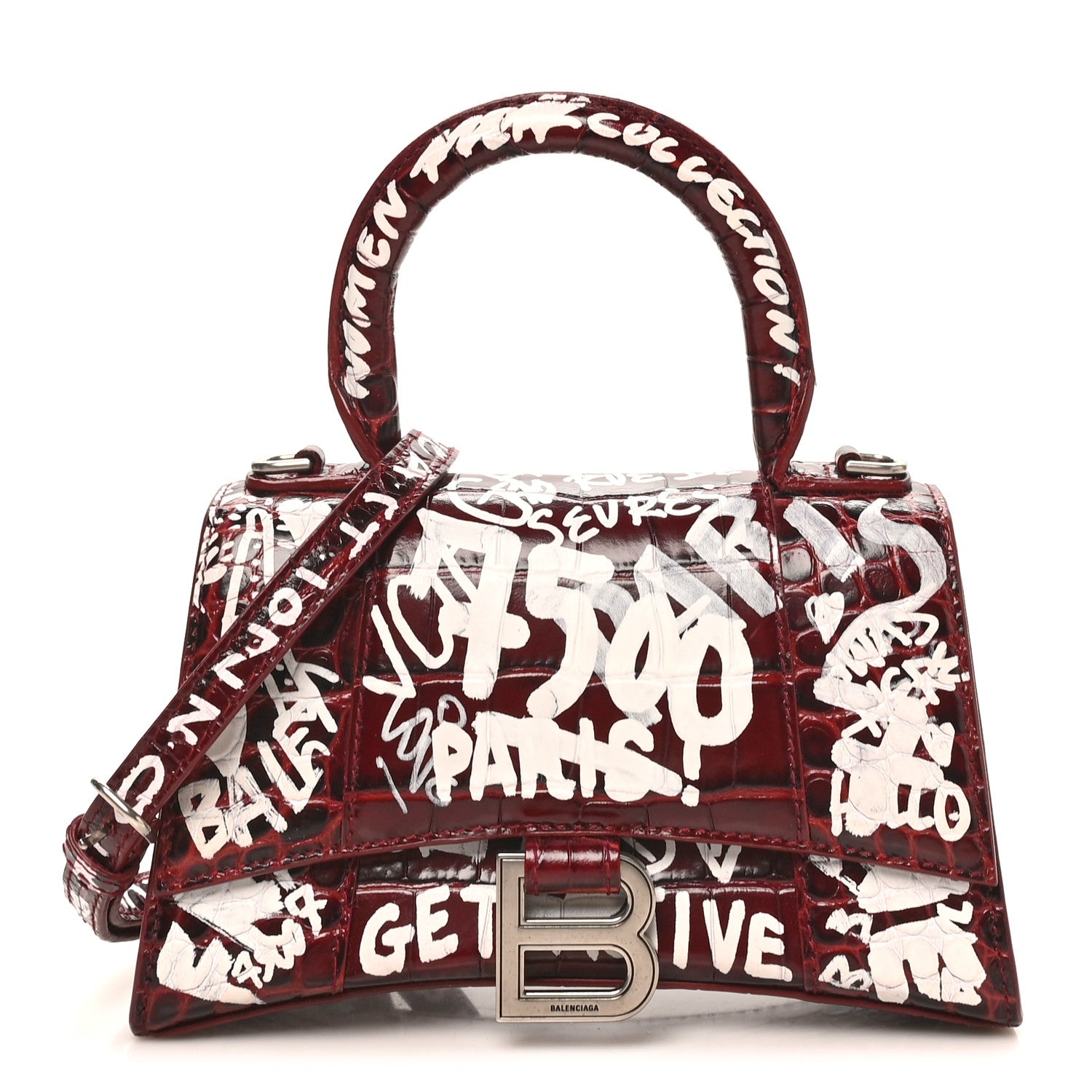 Crocodile Embossed Calfskin Graffiti Hourglass Top Handle Bag XS Dark Red White
