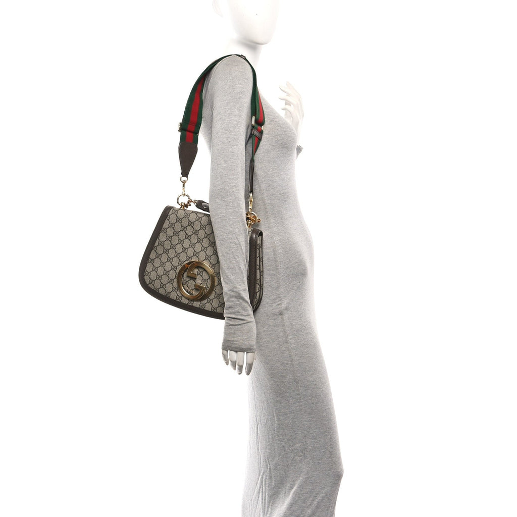 GG Supreme Monogram Textured Dollar Calfskin Web Medium Blondie Top Handle Shoulder Flap Bag Beige Ebony New Acero