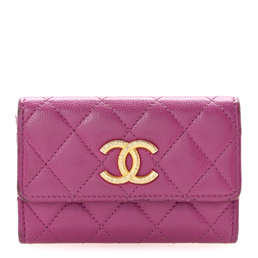 Caviar Quilted Textured CC Flap Card Holder Purple