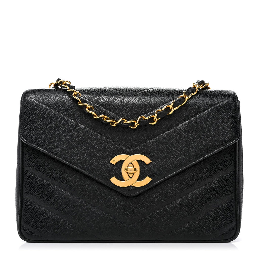 Caviar Chevron Quilted Jumbo Single Flap Black