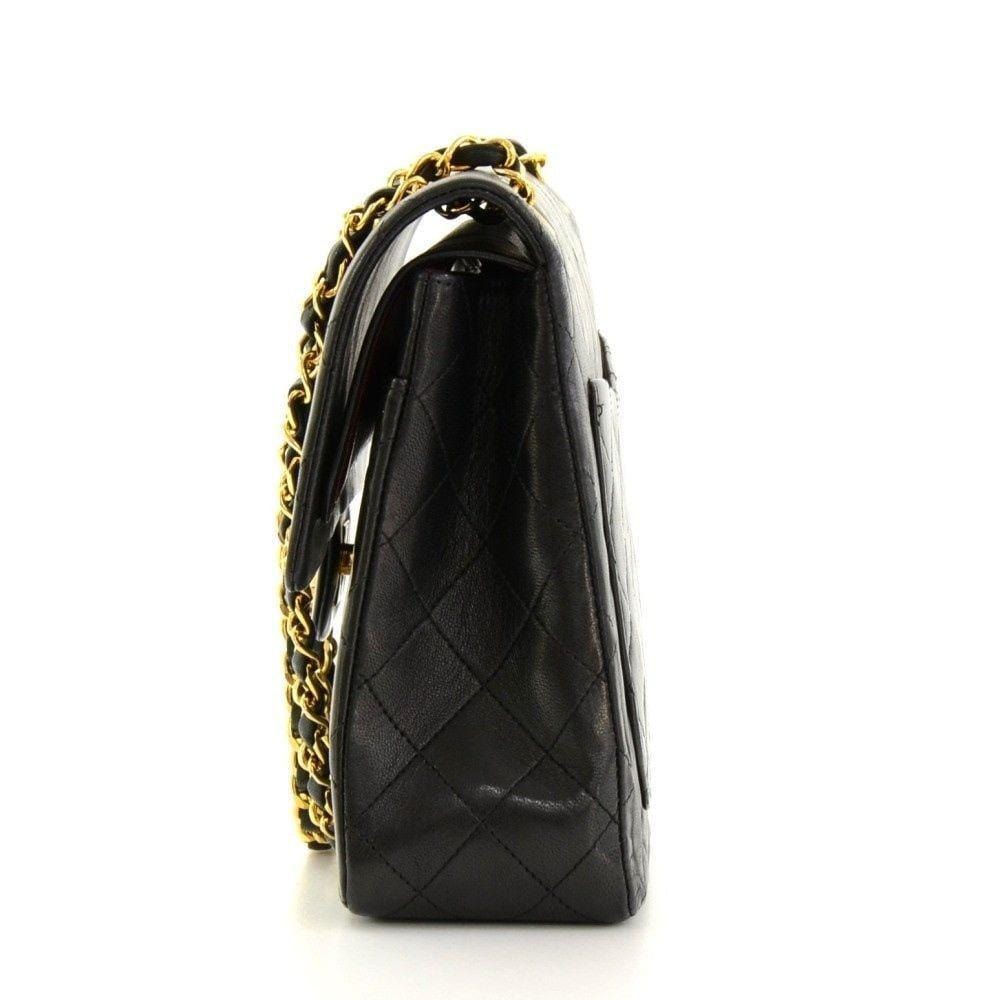 CHANEL 2.55 10" Tall Double Flap Black Quilted Leather Shoulder Bag Vintage