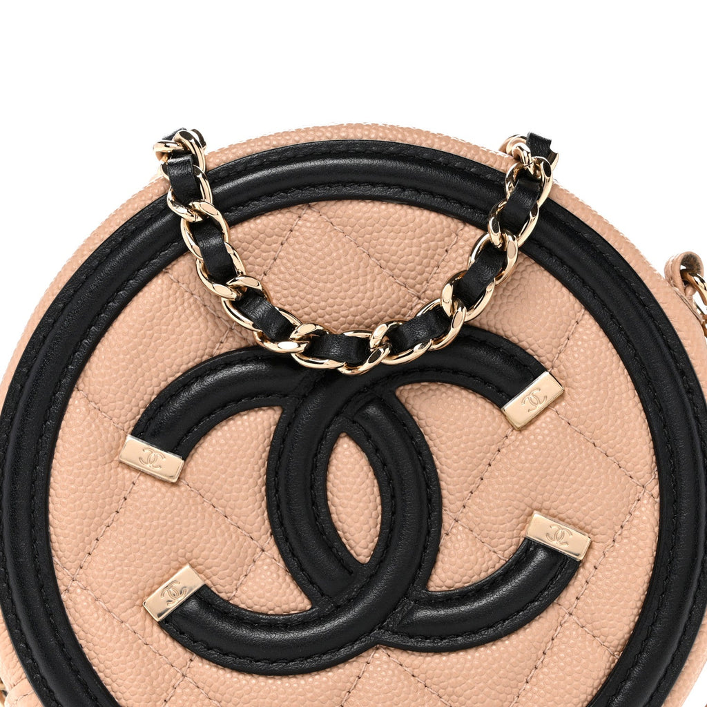 Caviar Quilted Round Filigree Crossbody Beige Black