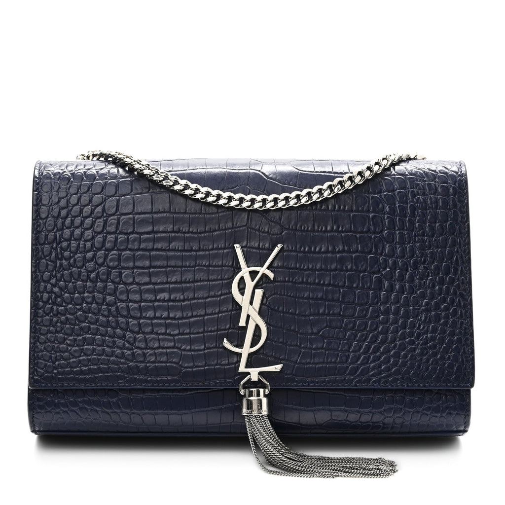 Calfskin Crocodile Embossed Medium Classic Monogram Kate Tassel Satchel Deep Marine