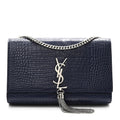 Calfskin Crocodile Embossed Medium Classic Monogram Kate Tassel Satchel Deep Marine