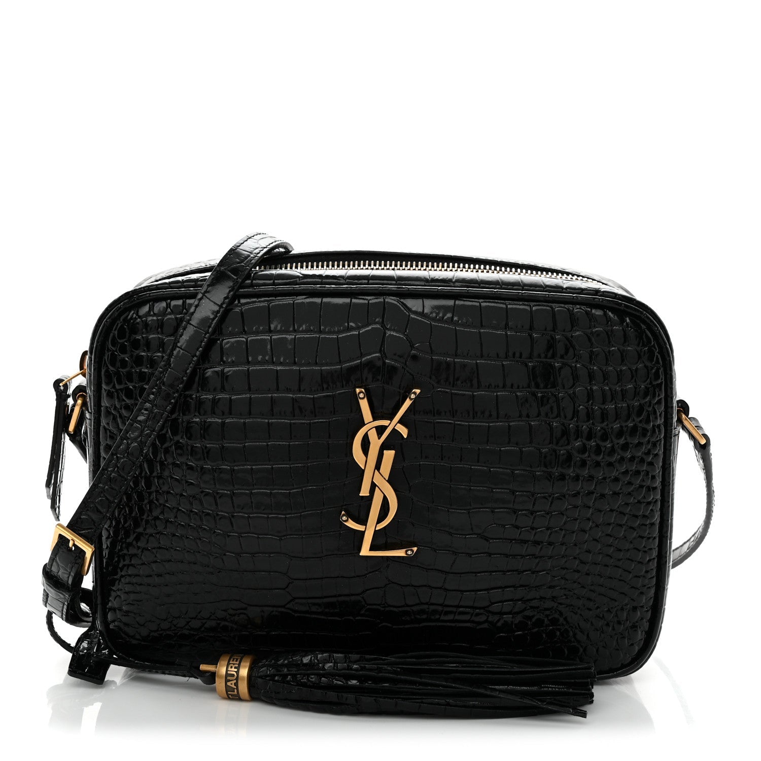 Patent Calfskin Crocodile Embossed Monogram Lou Camera Bag Black