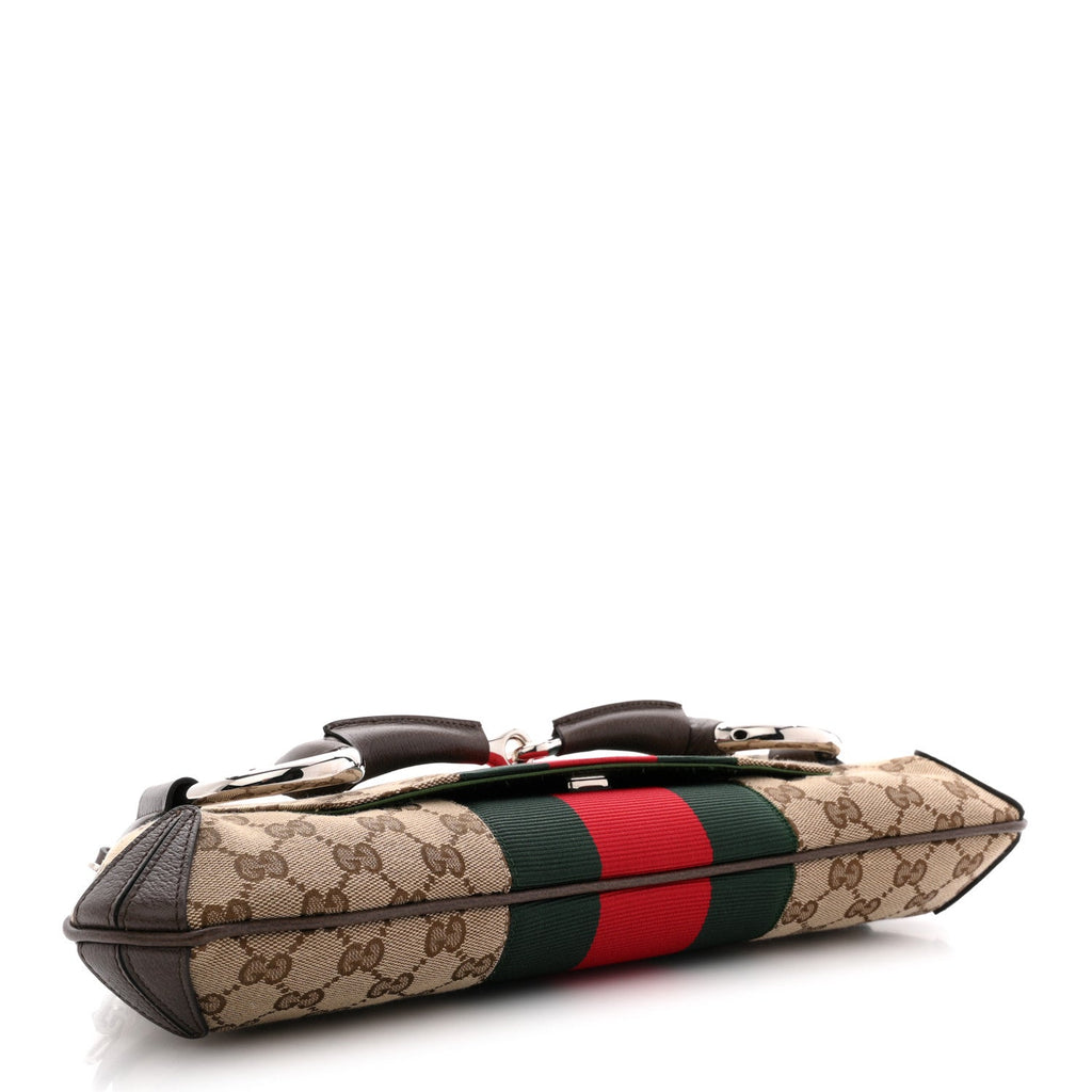 Monogram Textured Dollar Calfskin Heavy Grosgrain Web Medium Maxi Horsebit Chain Shoulder Bag Beige Ebony New Acero