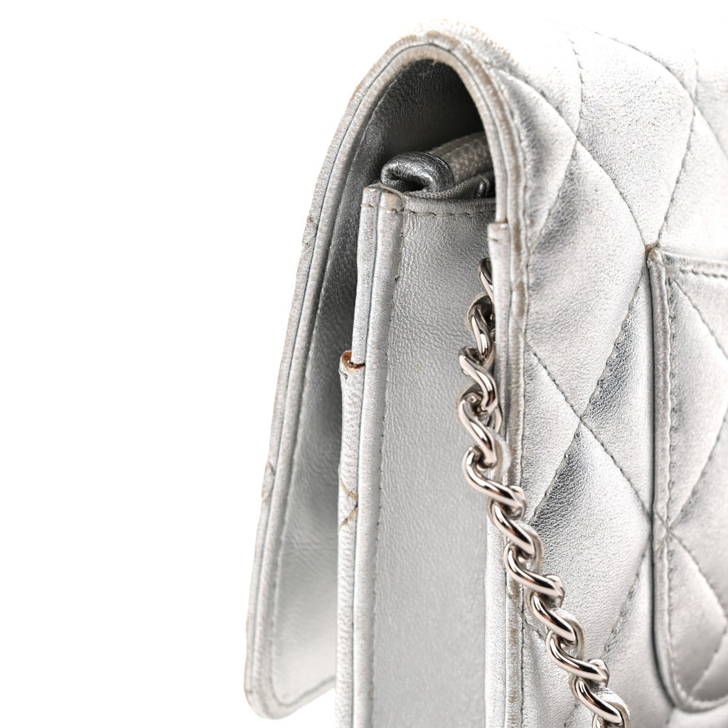 Metallic Lambskin Quilted Wallet On Chain WOC Silver