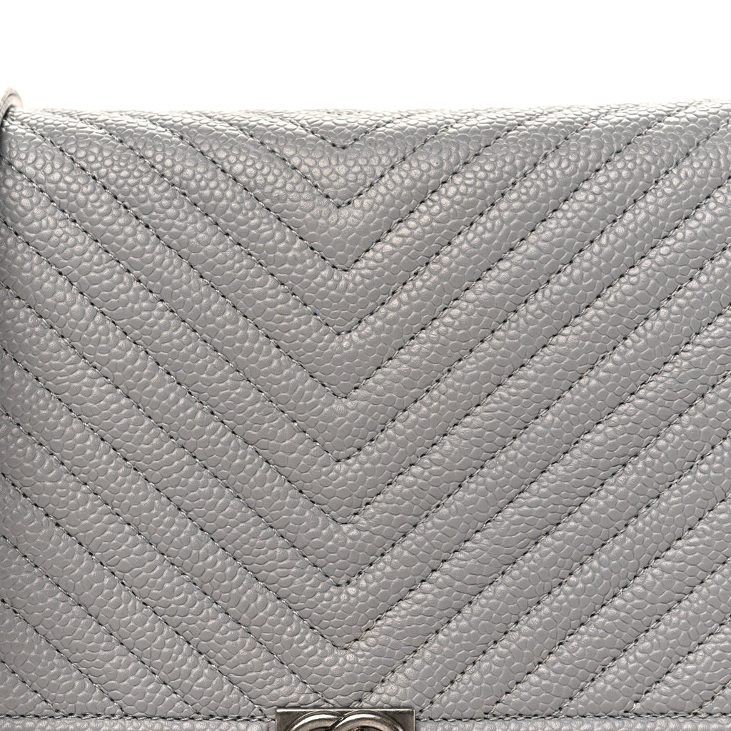 Caviar Chevron Quilted Boy Wallet On Chain WOC Grey
